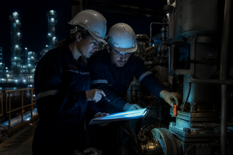 Dois profissionais inspecionam uma instalação industrial, confrontando registros iluminados com um ponto físico de ajuste.