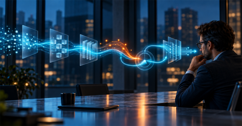 Fluxo digital em azul com uma divergência em laranja sendo observada por um profissional, representando análise humana e evolução contínua de um processo automatizado.